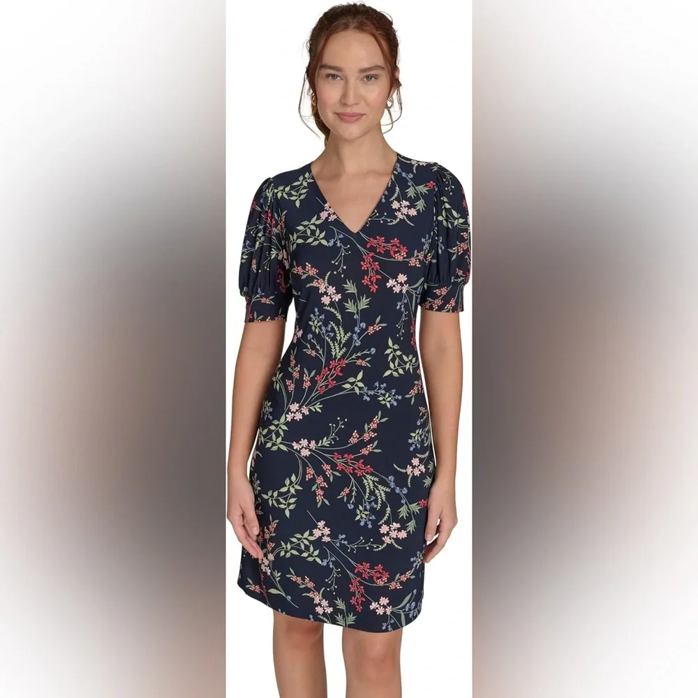 Tommy Hilfiger A-Line Dress 10 NWT Navy Blue Dark Floral Stretch Puff Sleeve - Picture 1 of 9